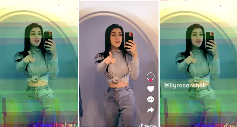 Lily Rosenthall, in stills from their social media video featured in the film.